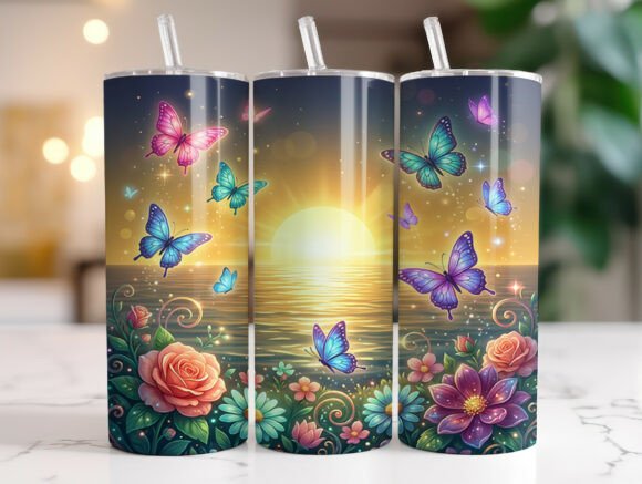 Butterfly Sunset Ocean Floral Tumbler Graphics Review for Tumbler Wraps