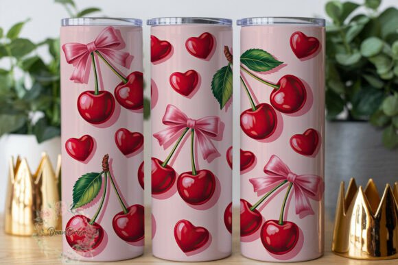 Cherry Heart Pink Bow 20oz Tumbler Wrap Graphics