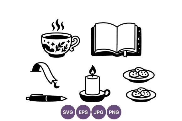 Cozy Black and White Cup and Book Line Graphics