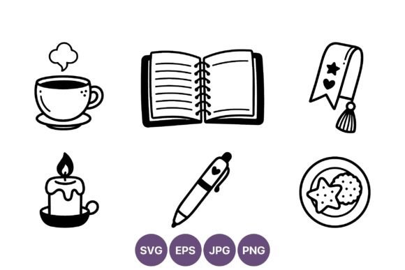 Cup Book Candle Pen Cookie Icons Set Illustrations