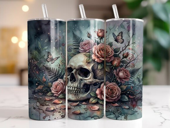 Dark Floral Skull Vintage Tumbler Wraps Graphics