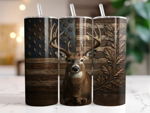Faux Engraved Buck Wood Tumbler Wrap Graphics