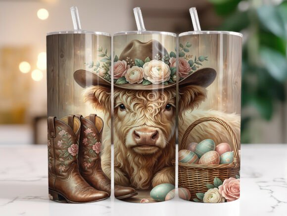 Floral Easter Highland Cow Tumbler Wrap Graphics