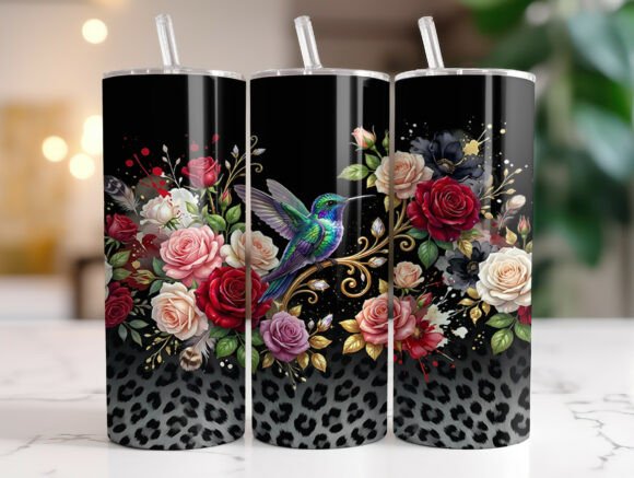 Floral Hummingbird Black Leopard Tumbler Wraps Graphics