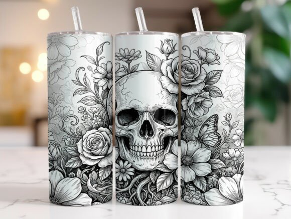 Floral Skull Rose Butterfly Graphics for Tumbler Wraps