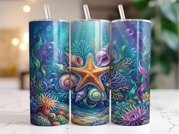 Ocean Starfish Seashell Tumbler Wrap PNG: Graphics & Wraps