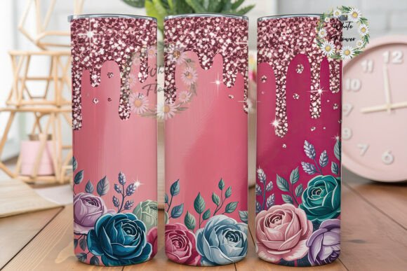 Pink Glitter Drip Floral 20oz Tumbler