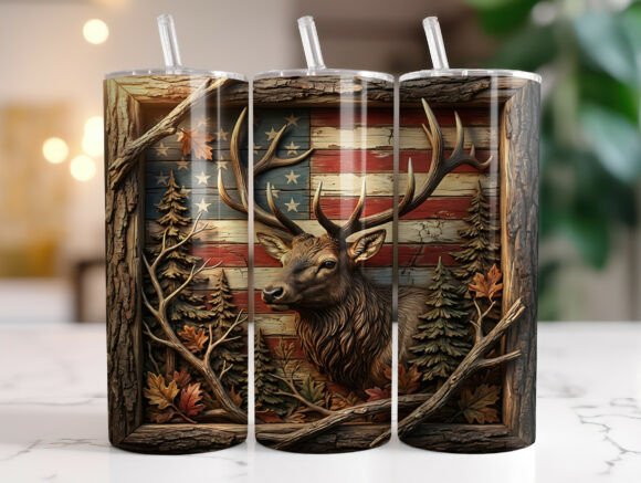 Rustic Buck American Flag Tumbler Wrap Graphics
