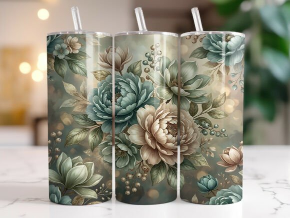 Sage Green Peony Magnolia Floral Tumbler Wraps