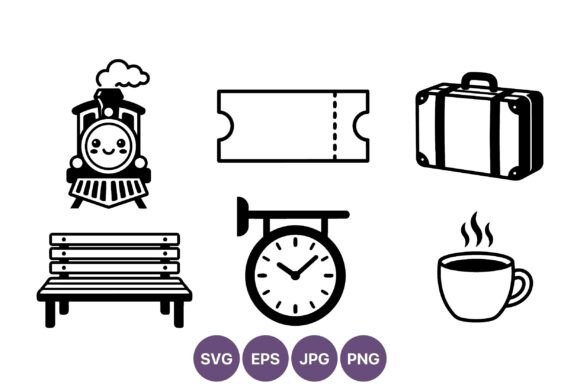 Train Ticket Suitcase Bench Clock Cup: Graphics & Illustrations
