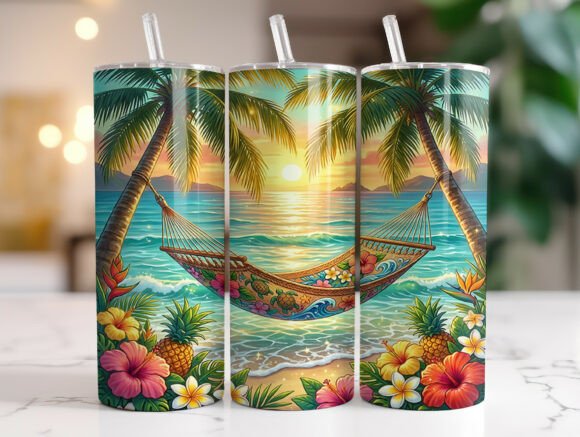 Tropical Beach Hammock Sunset Tumbler Graphics