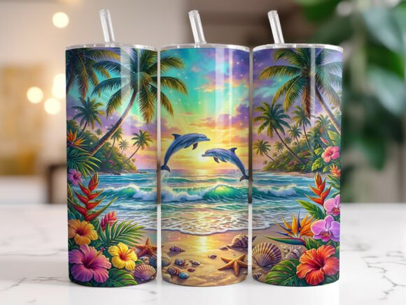 Tropical Dolphin Sunset Beach Tumbler Graphics & Tumbler Wraps